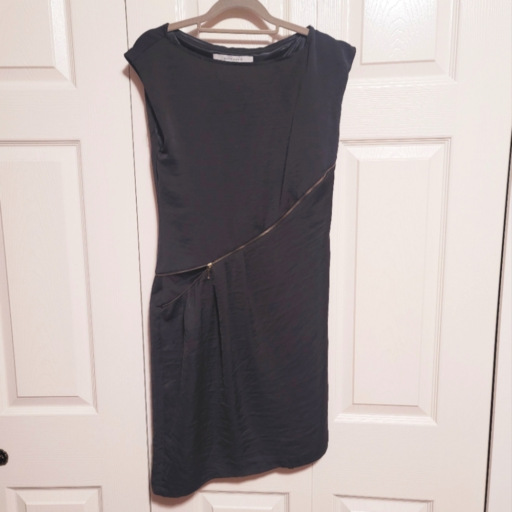 Zara Asymeteric Silk Like Black Dress With Zipper Detail Size Small